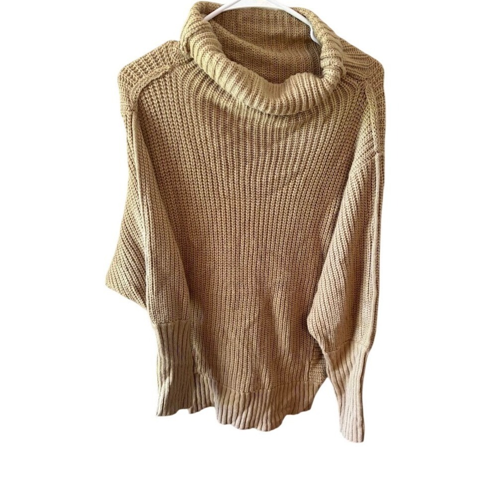 Womens Camel Tan Chunky Shaker Knit Oversized Cowl Neck Batwing Sweater Small